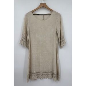 Stella Rosa Dress Womens XS Beige 100% Linen Crochet Trim Made In Italy Boho‎